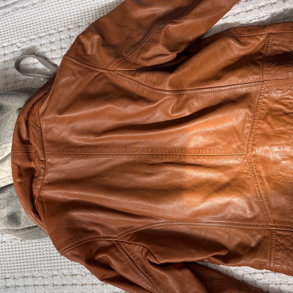 Bod & Christensen Brown Leather Jacket with Gray Hood - Picture 8 of 8